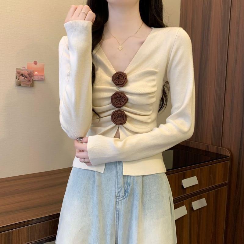 Long Sleeve V-Neck Floral Detail Ruched Slit Knit Top Product Image