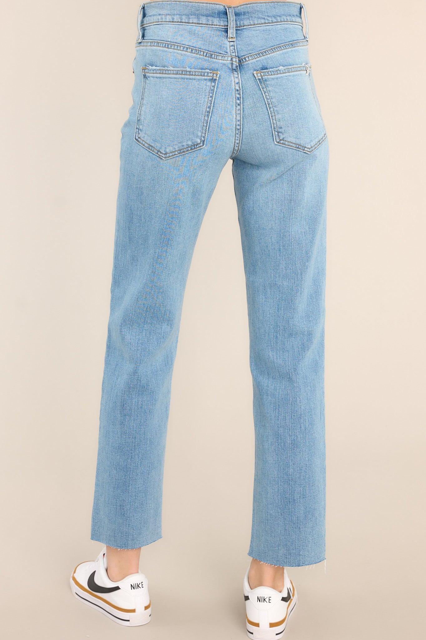 I Knew Light Wash Raw Hem Straight Leg Jeans Blue Product Image