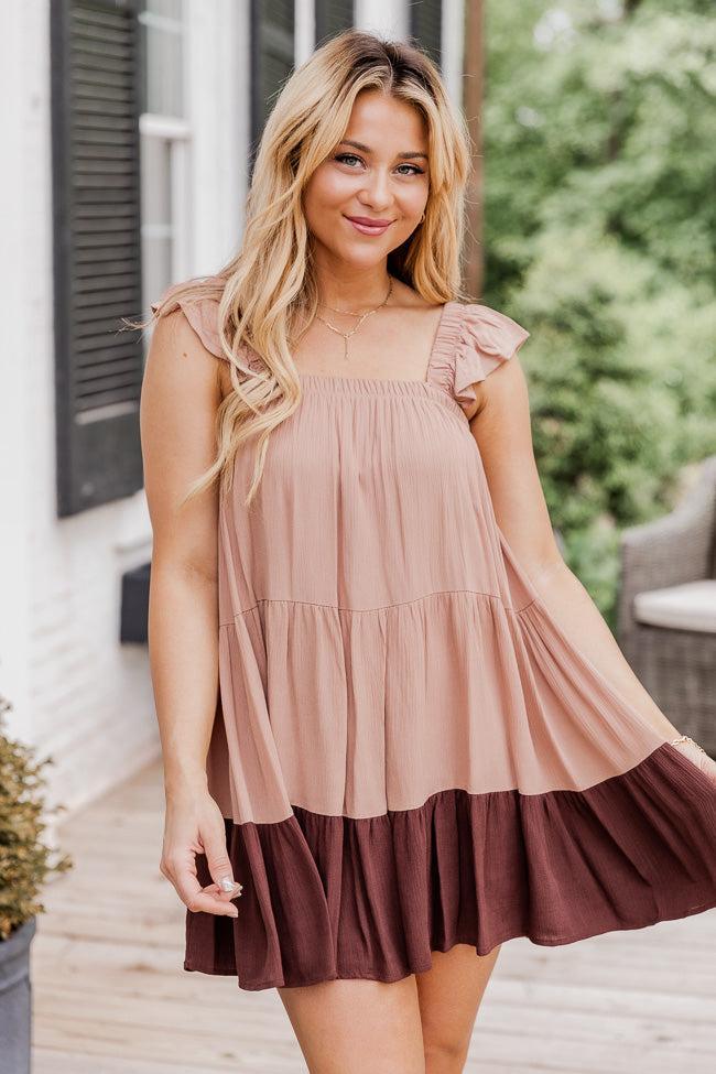 Breezy Walks Brown Colorblock Babydoll Mini Dress FINAL SALE Product Image