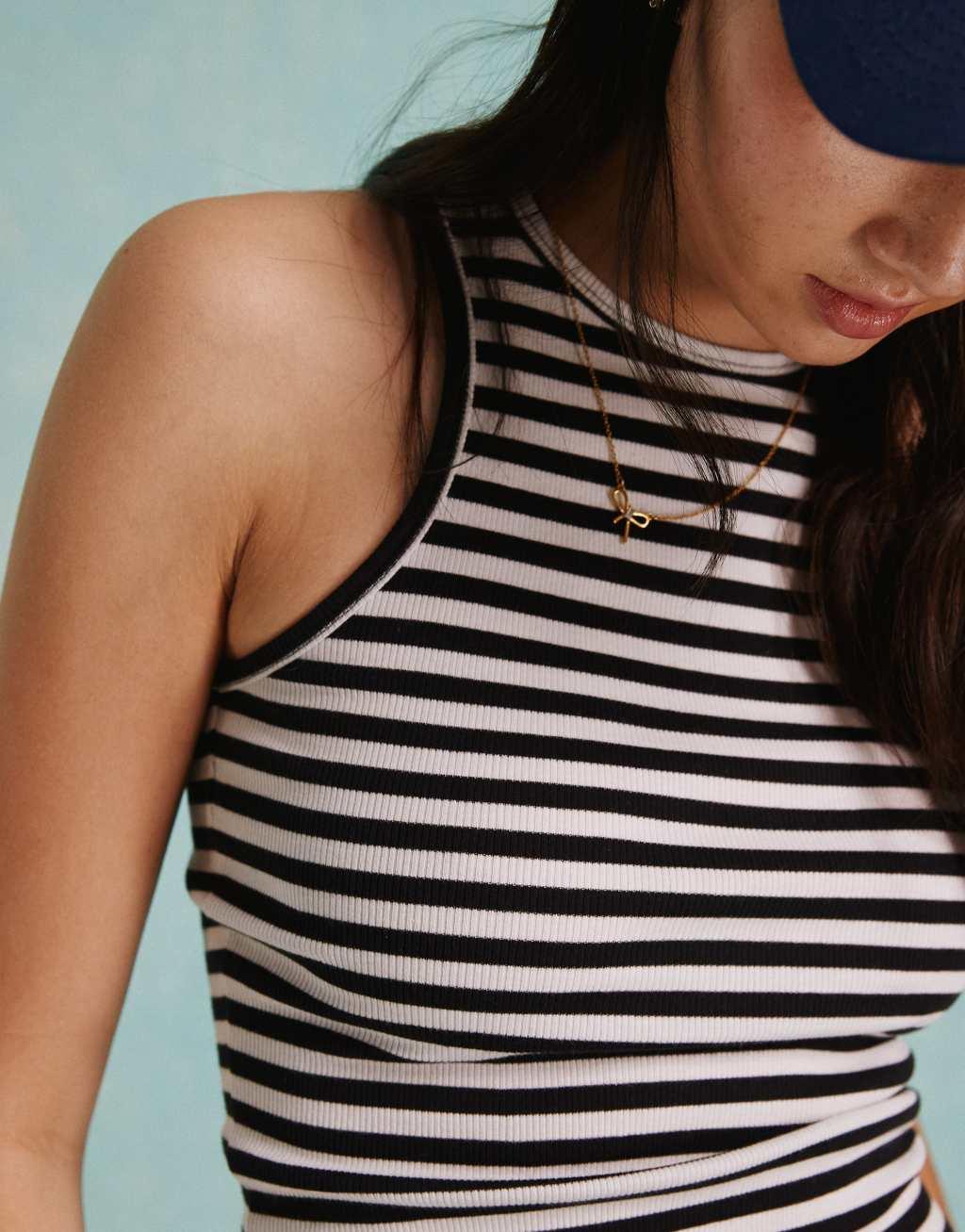 Miss Selfridge ribbed racer top in black and white stripe Product Image