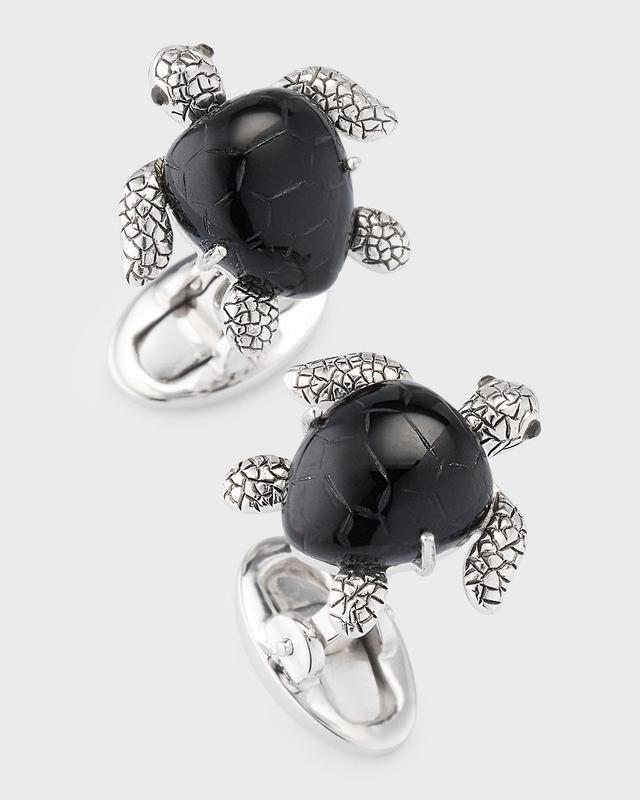 Mens Sterling Silver Hand-Carved Black Onyx Sea Turtle Cufflinks Product Image