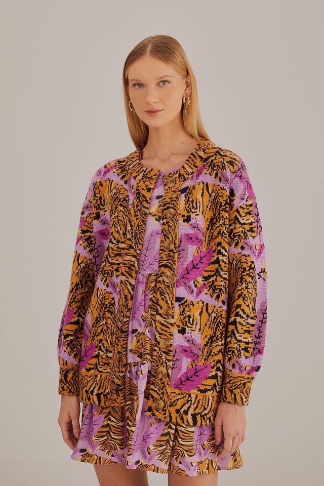 Lavender Tiger Leaves Knit Cardigan, TIGER LEAVES LAVANDER / XXS Product Image