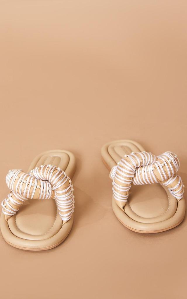 Beige Real Leather Round Toe Padded Contrast Strap Pearl Detail Sandals Product Image