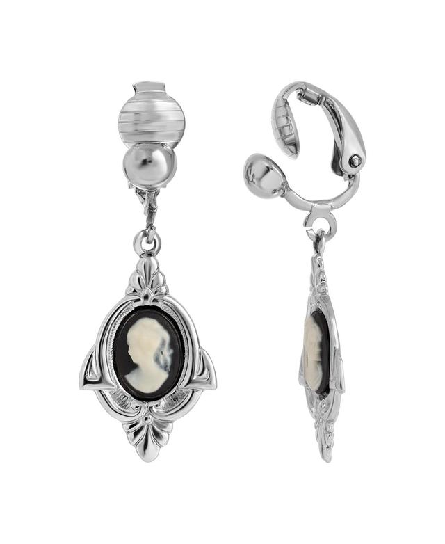 1928 Silver-Tone Cameo Clip On Earrings, Womens, Black Product Image