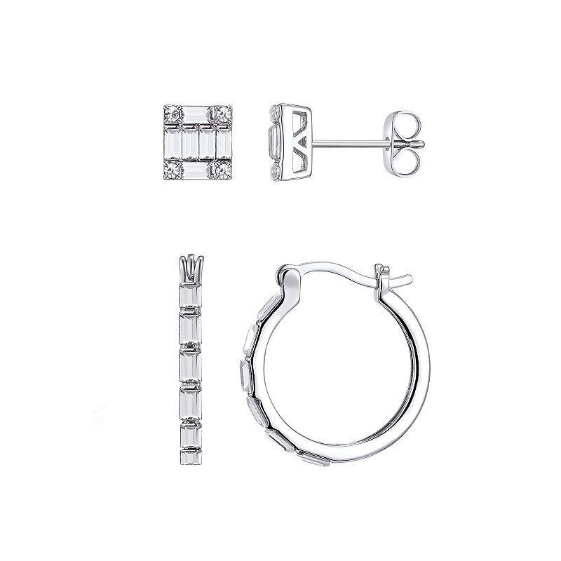 Chrystina Silver Tone Baguette Crystal Stud & Hoop Earring 2-piece Set, Womens, White Product Image