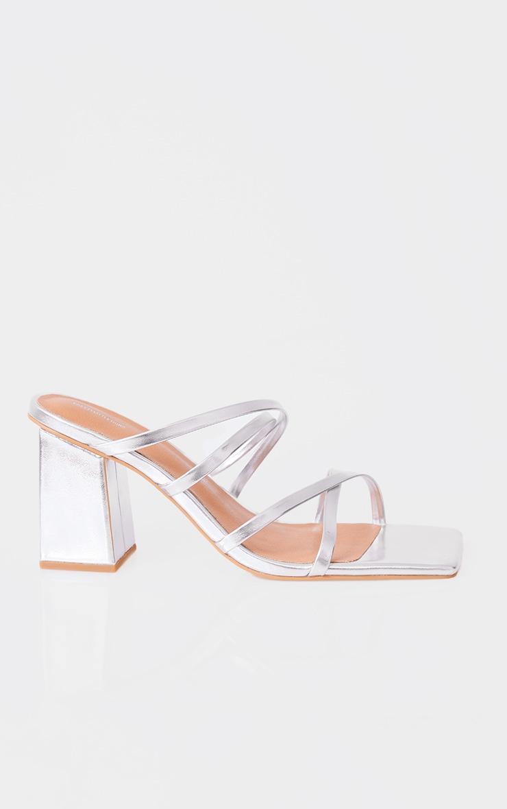 Silver PU Square Toe Strappy Block Heel Mule Sandals Product Image