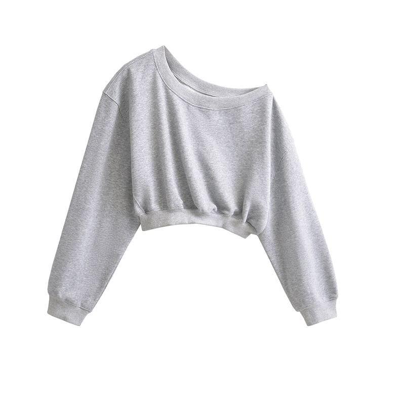 One-Shoulder Long-Sleeve Plain Crop Pullover Product Image