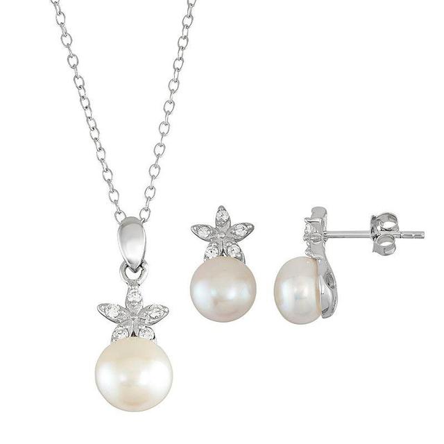 Sterling Silver Freshwater Cultured Pearl Flower Pendant & Stud Earring Set, Womens White Product Image