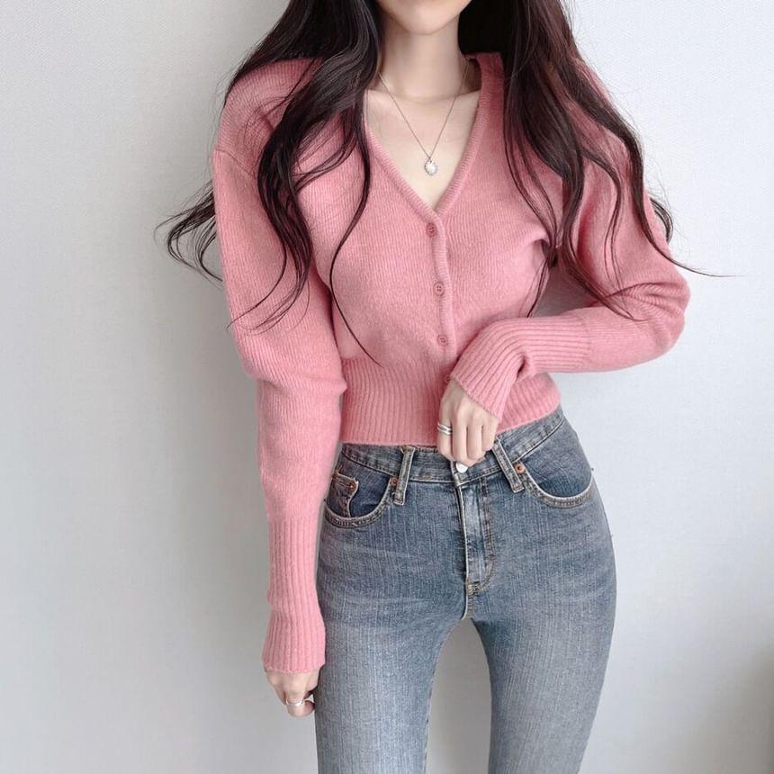 V-Neck Plain Crop Cardigan Product Image