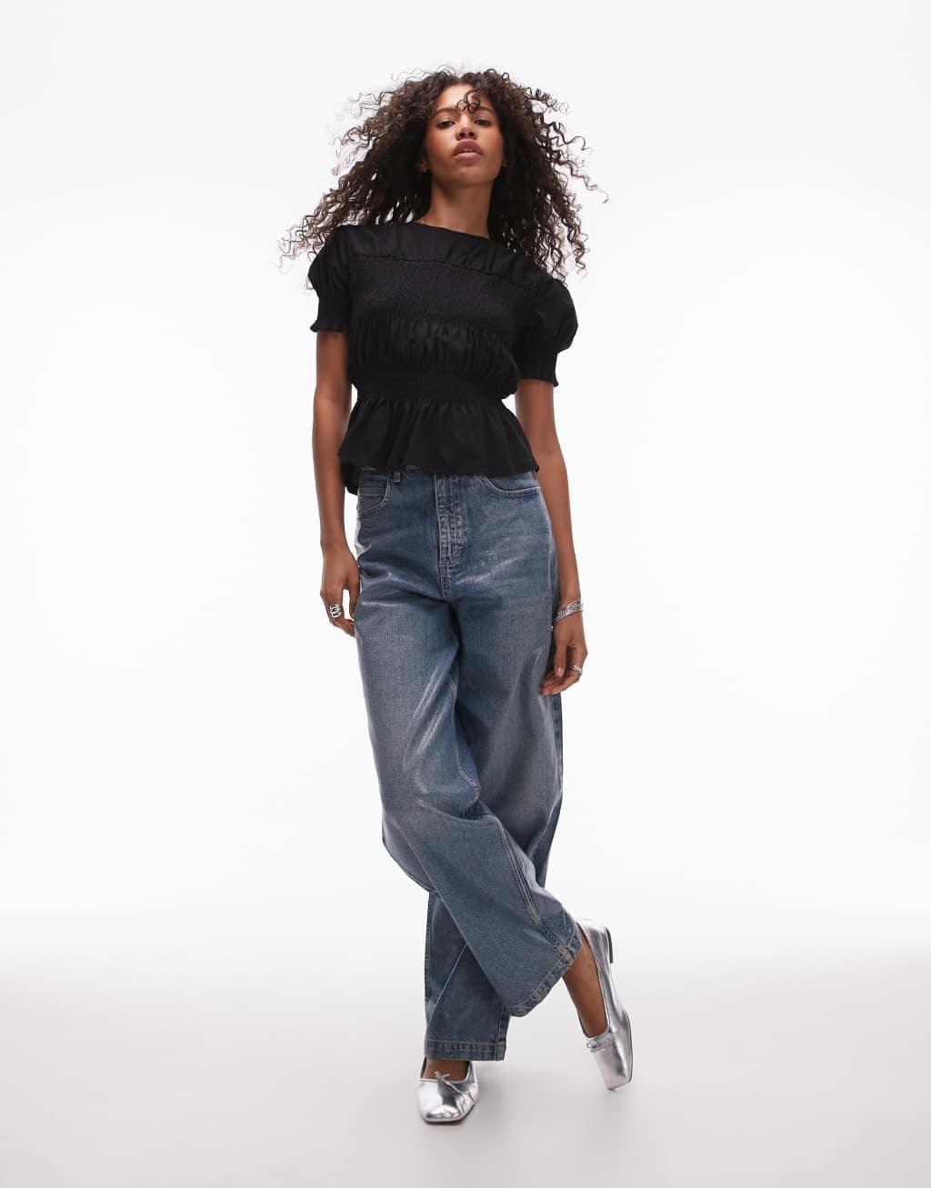 Topshop shirred panel tee in black Product Image