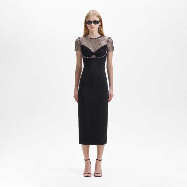 Black Crepe Diamante Midi Dress Product Image