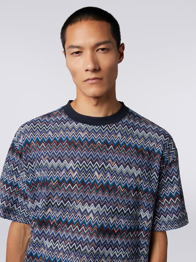 Cotton and viscose chevron crew-neck T-shirt Navy Blue | Missoni Product Image