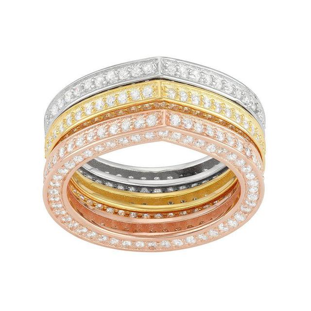 Cubic Zirconia Tri-Tone Sterling Silver Stack Ring Set, Womens Multicolor Product Image