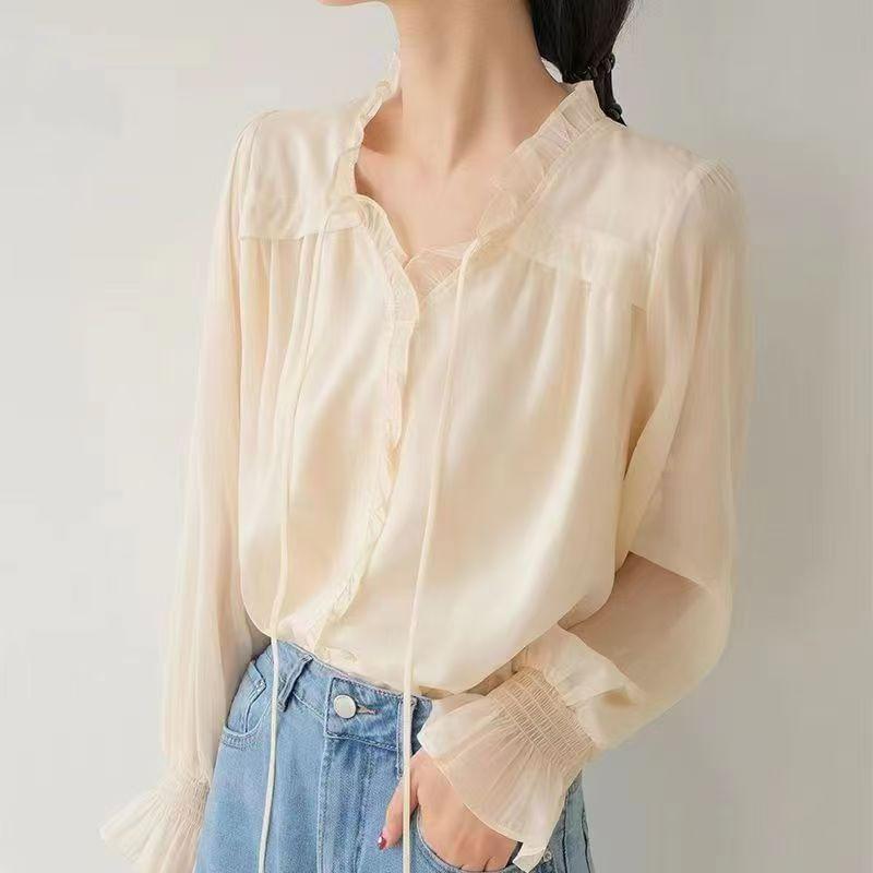 Long-Sleeve V-Neck Plain Frill Trim Blouse Product Image