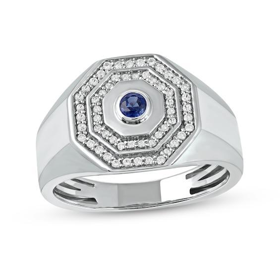 Men's Blue and White Lab-Created Sapphire Double Octagonal Frame Band in Sterling Silver Product Image