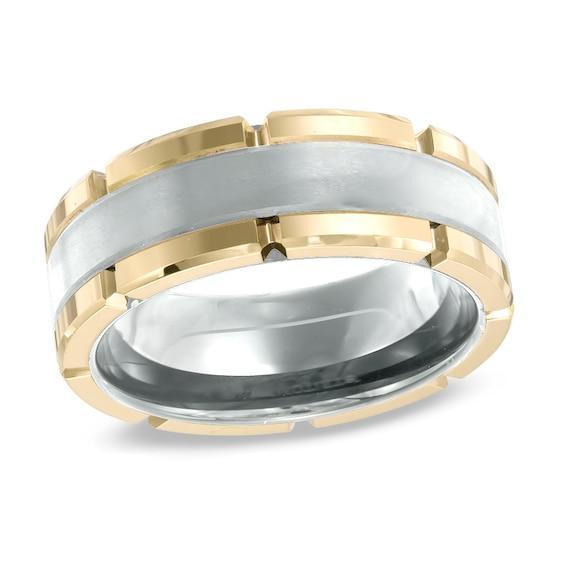 Triton Men's 8.0mm Brick Edge Engravable Wedding Band in Two-Tone Tungsten (1 Line) Product Image