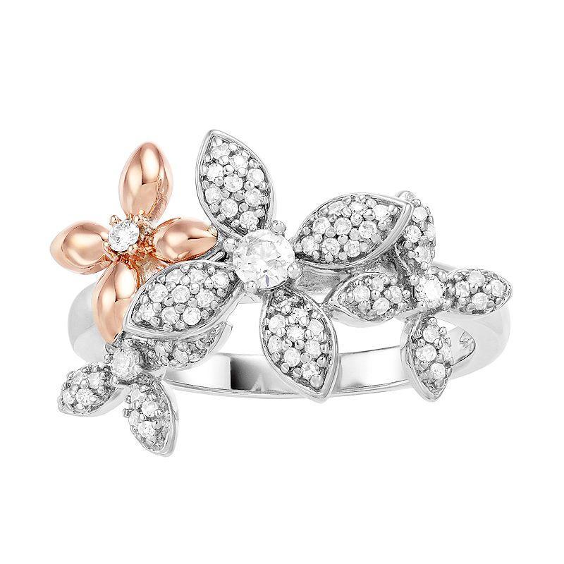 Two Tone Sterling Silver 1/3 Carat T.W. Diamond Flower Ring, Womens White Product Image