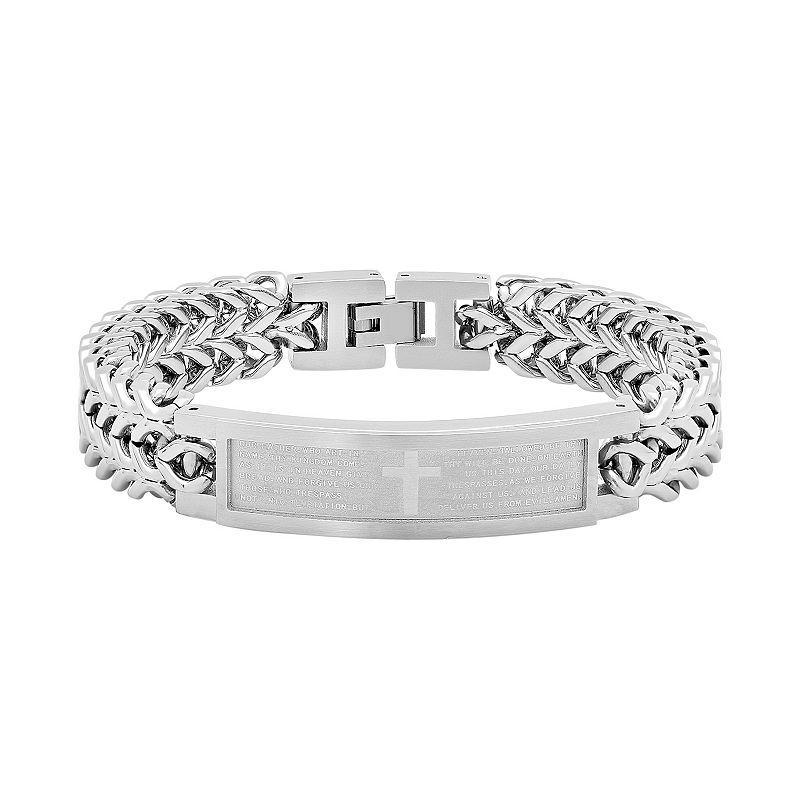 Mens Stainless Steel The Lords Prayer Cross ID Bracelet Grey Product Image