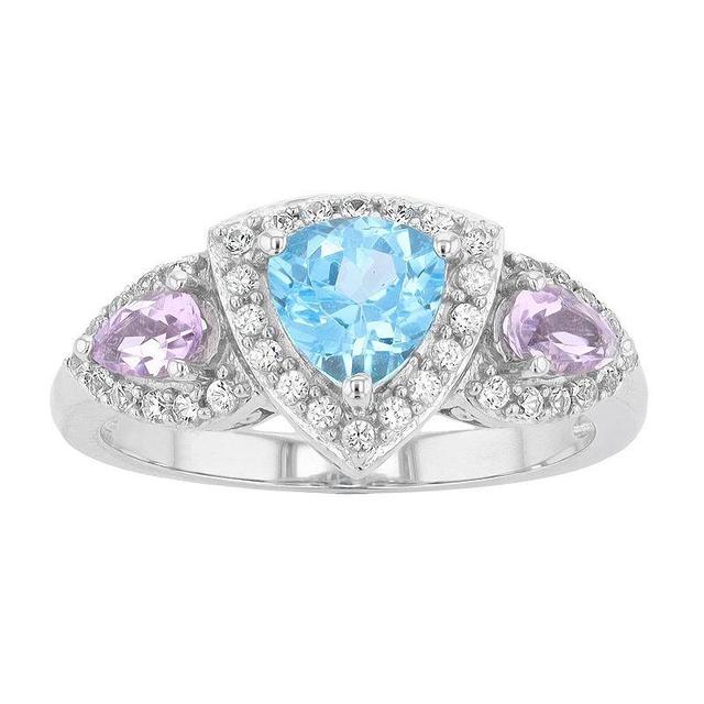 Sterling Silver Swiss Blue Topaz, Rose de France Amethyst & Lab-Created White Sapphire Ring, Womens Product Image