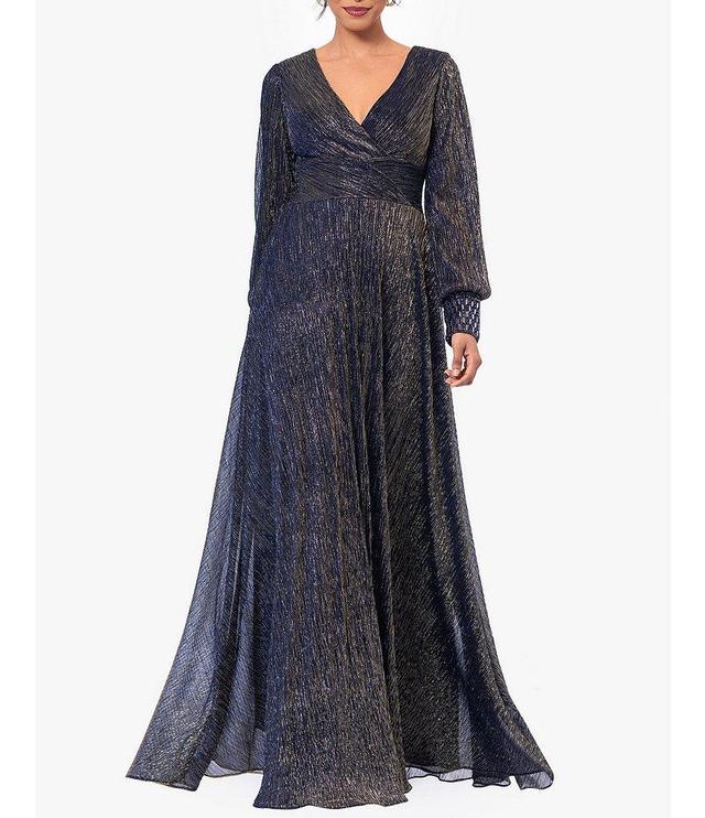 Betsy & Adam Metallic Crinkle V-Neck Long Sleeve Beaded Cuff Gown Product Image