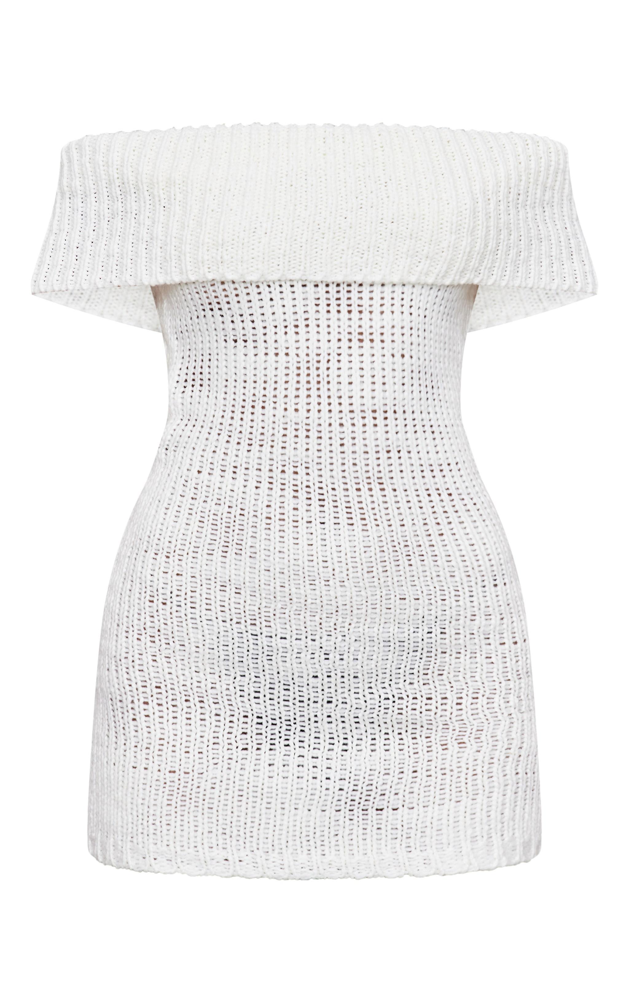 White Chunky Knit Foldover Bandeau Mini Dress Product Image