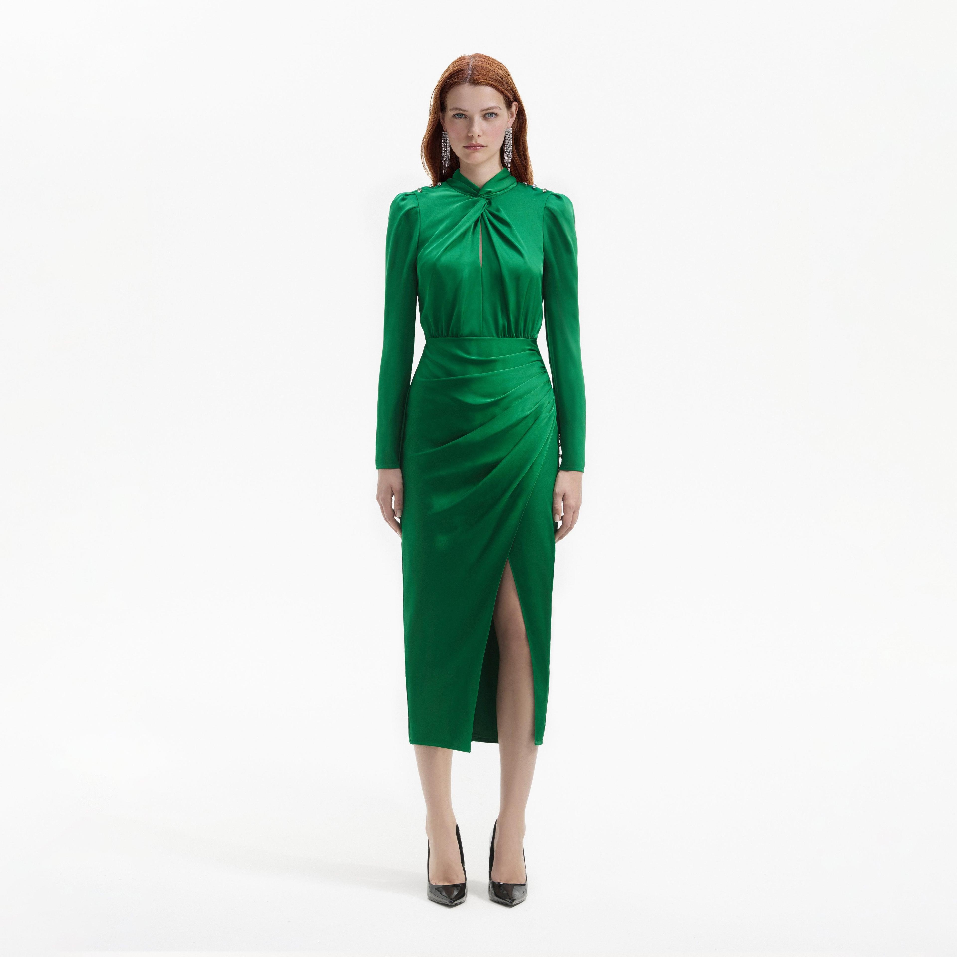 Green Satin High Neck Midi Dress product image