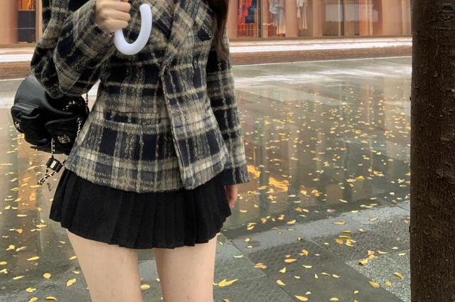 Shawl Collar Plaid Double-Breasted Blazer / High Waist Plain Pleated Mini A-Line Skirt Product Image