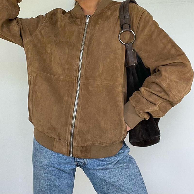 Faux Suede Zip-Up Jacket Product Image