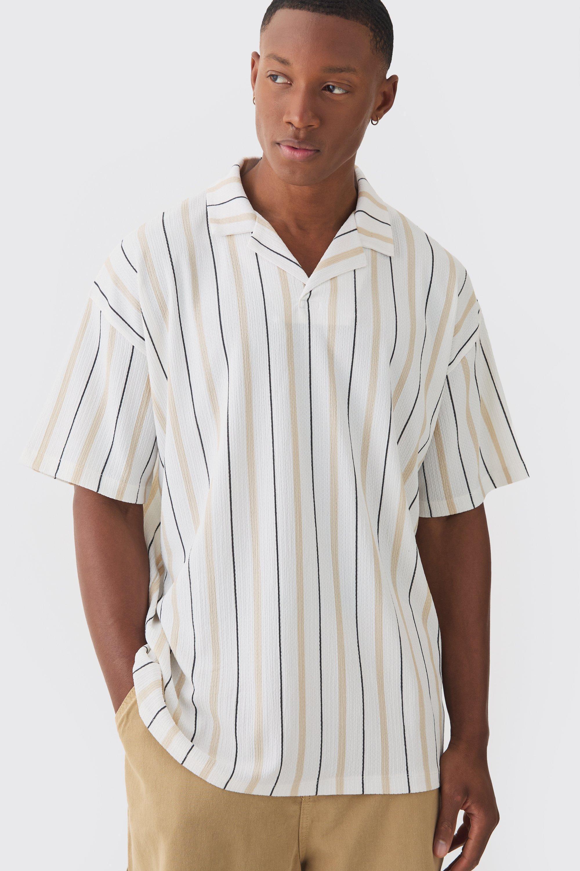 Oversized Revere Striped Crinkle Polo | boohooMAN USA Product Image