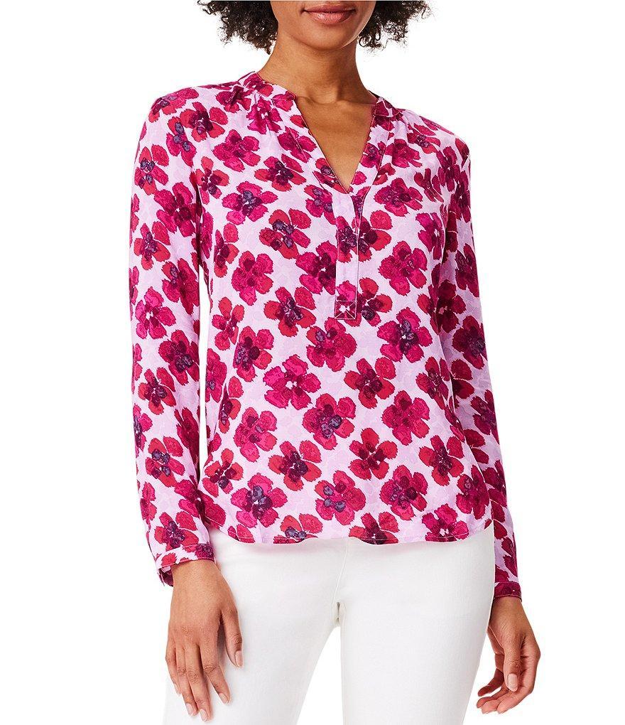 NIC + ZOE Woven In Bloom Print Split V-Neck Long Sleeve Top Product Image