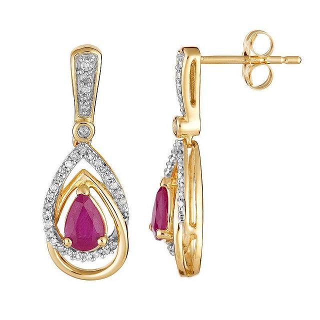 10k Gold Ruby & 1/4 Carat T.W. Diamond Drop Earrings, Womens Product Image