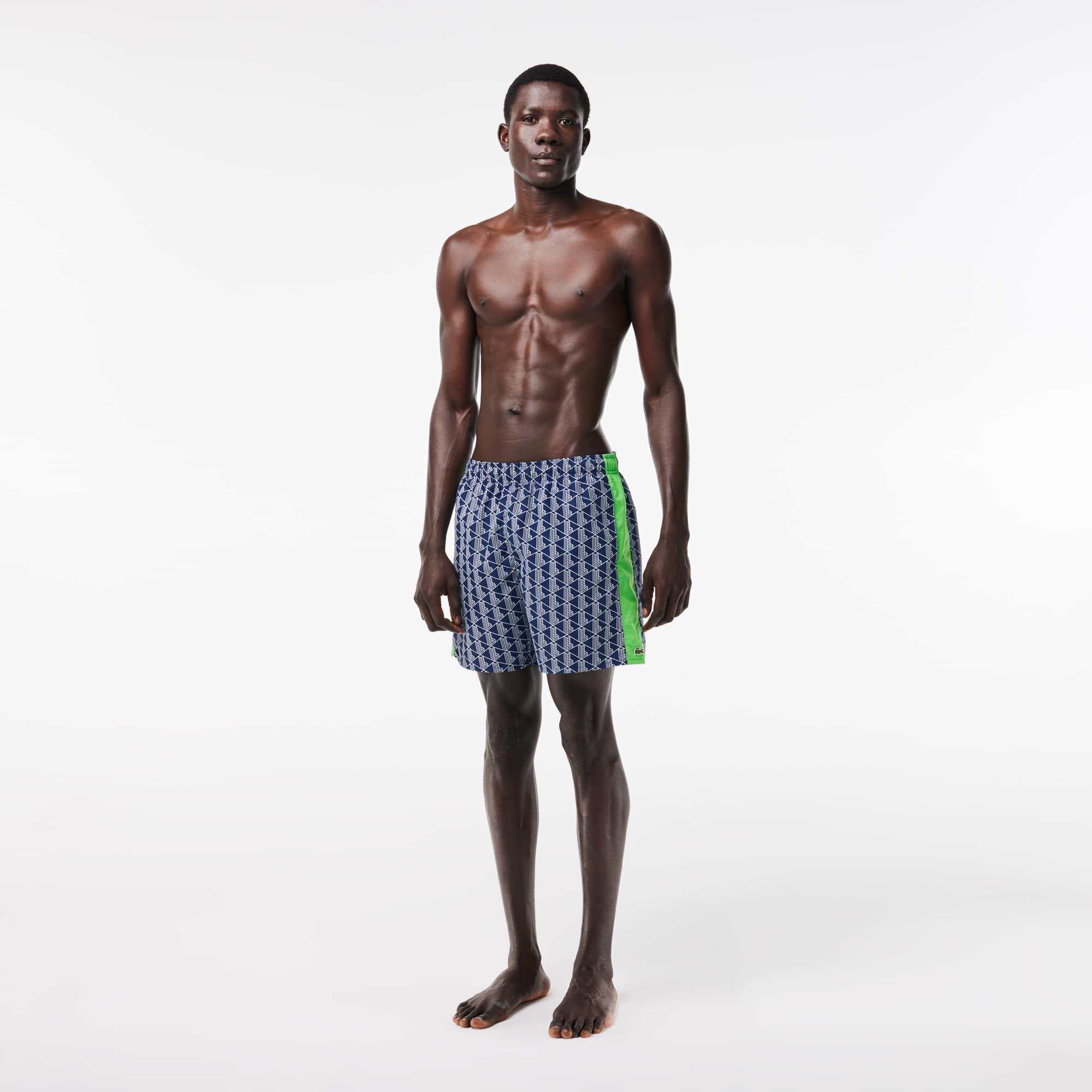 Lacoste Mid Length Monogram Print Swim Trunks Product Image