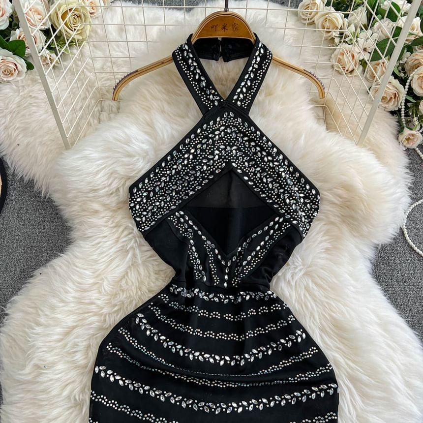 Halter Neck Rhinestone Mini Bodycon Dress Product Image