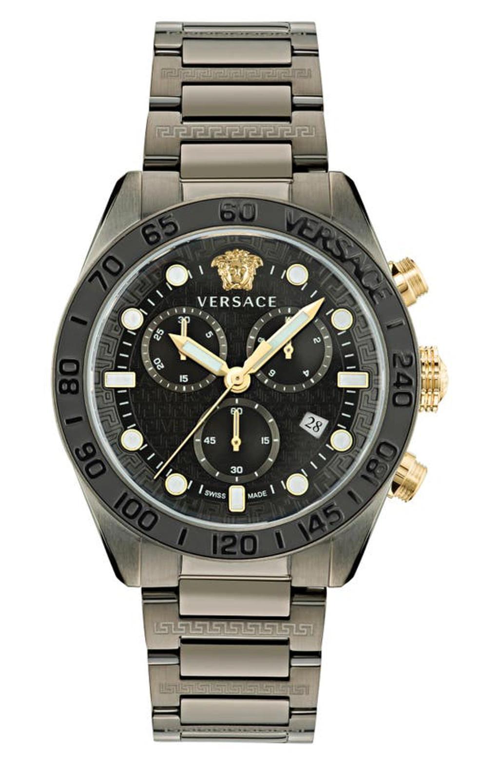 Men's Swiss Chronograph Greca Dome Gunmetal Ion Plated Bracelet Watch 43mm In Gun Metal Product Image