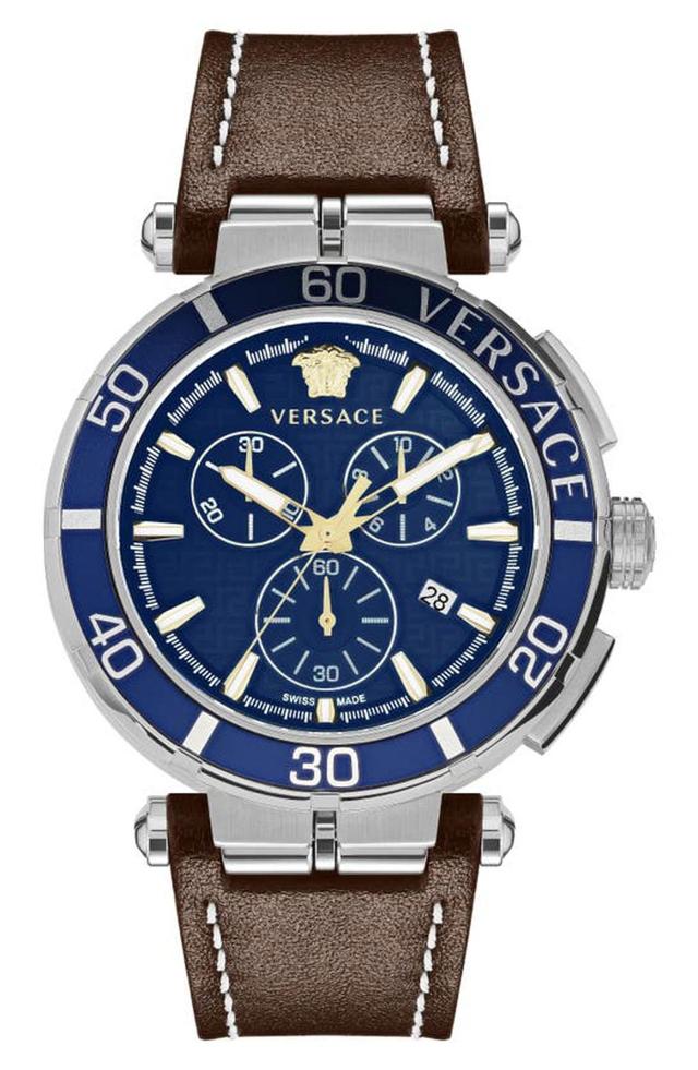 VERSACE Men's Swiss Chronograph Greca Brown Leather Strap Watch 45mm In Stainless Steel Product Image