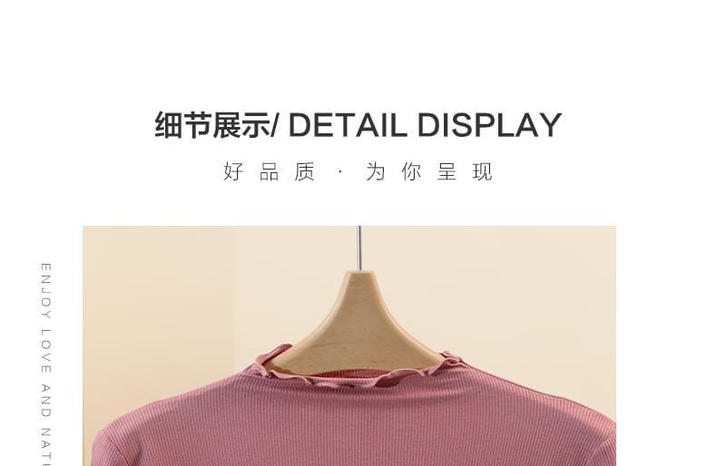 Long-Sleeve Mock Neck Plain Lettuce Edge Slim Fit Tee Product Image