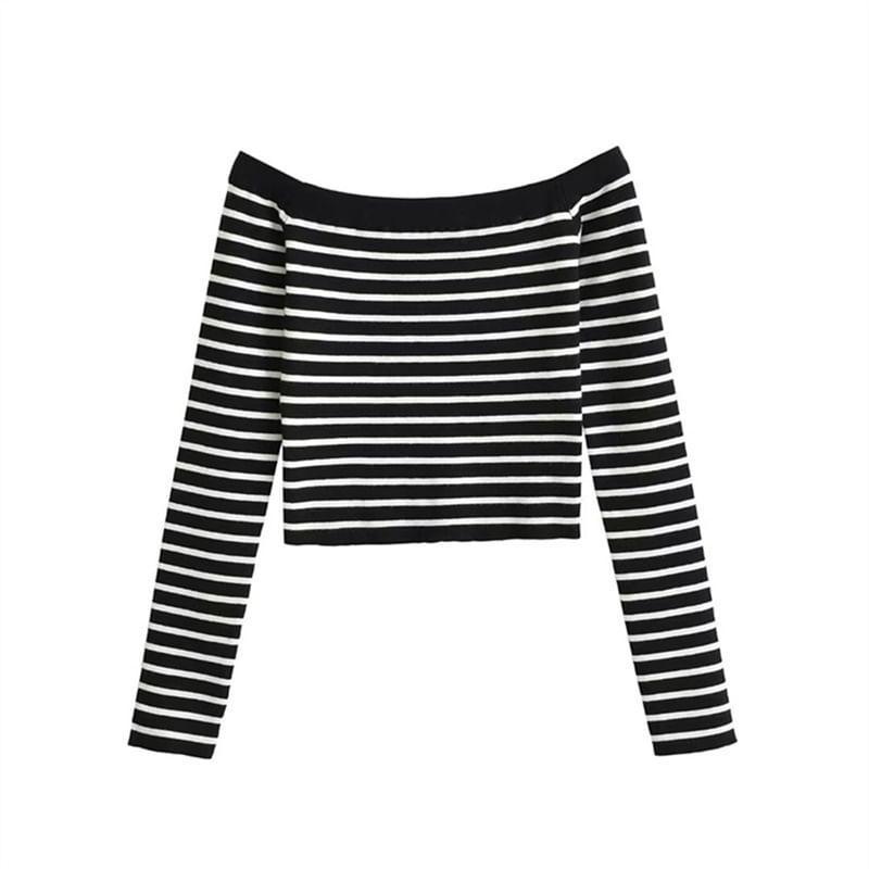 Long Sleeve Off Shoulder Striped Knit Crop Top Product Image