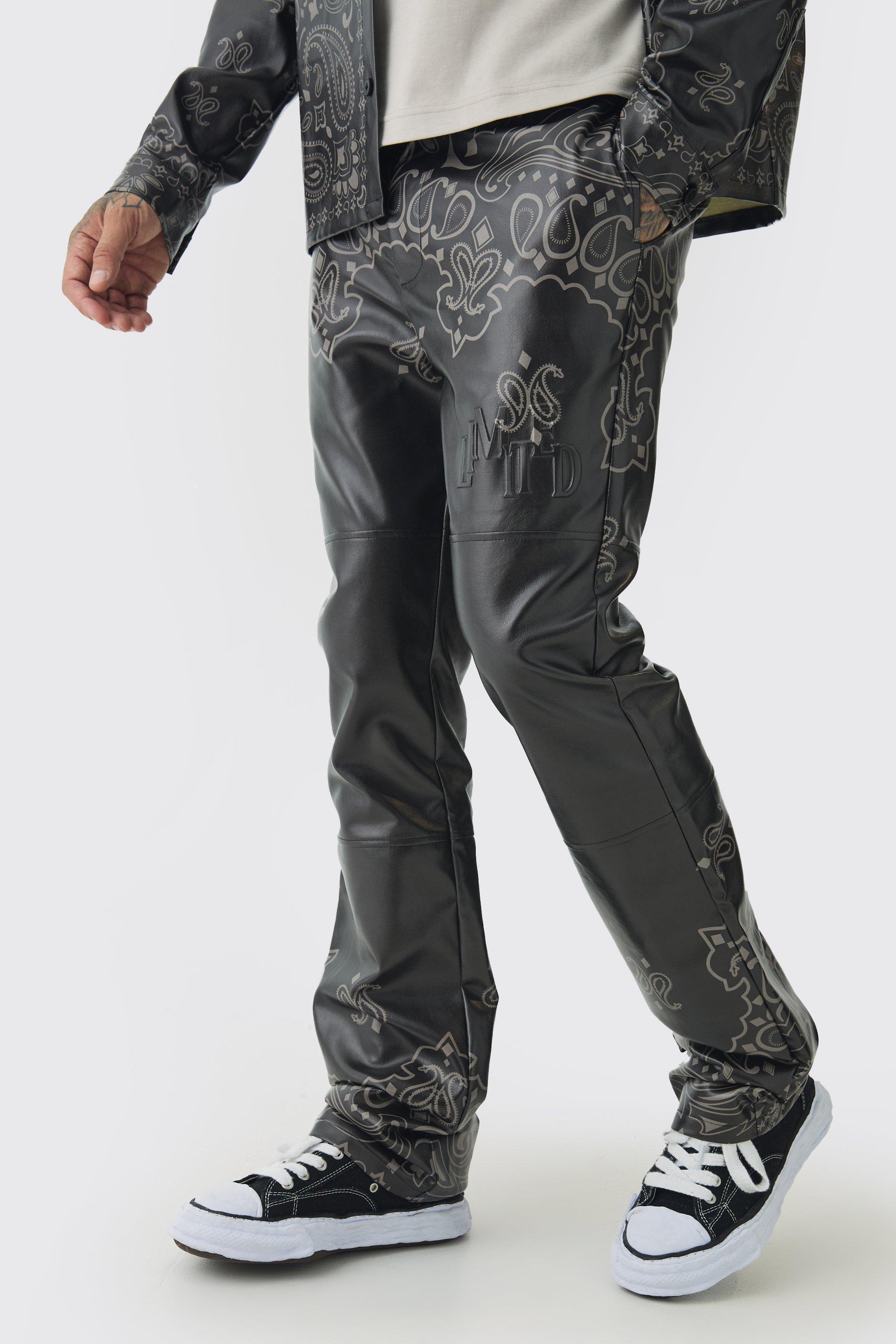 Tall Stacked Slim Flare Pu Bandana Print Pants In Black | boohooMAN USA Product Image