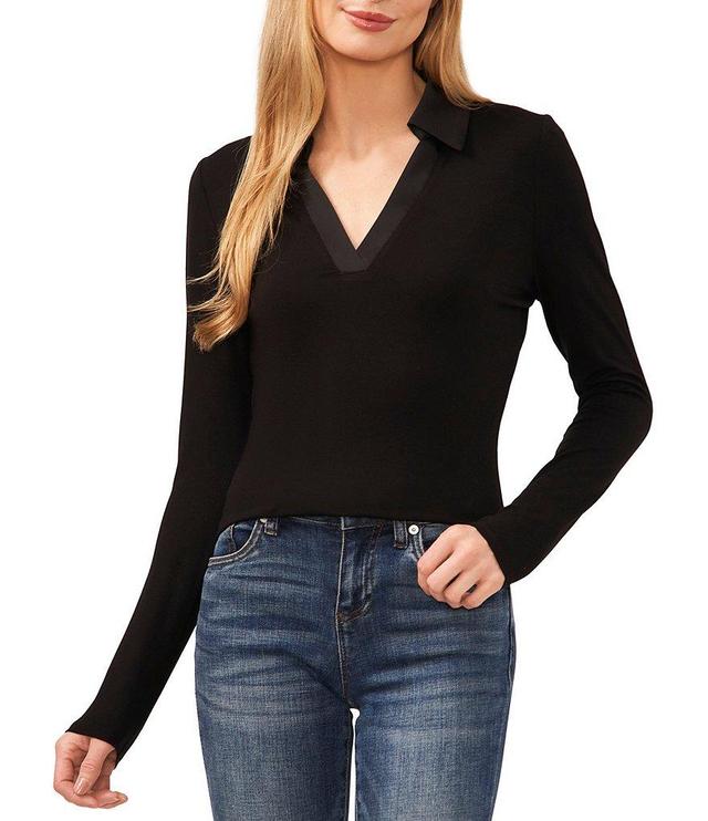 CeCe Woven Knit Polo Collar V-Neck Long Sleeve Fitted Top Product Image