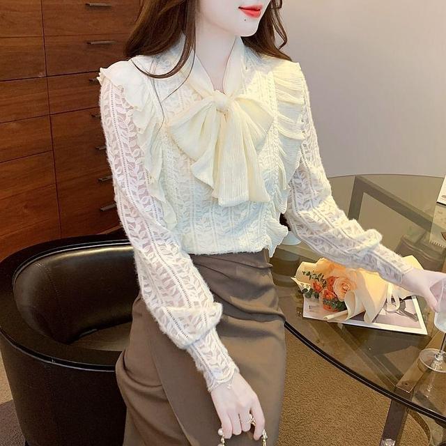 Long-Sleeve Tie-Neck Plain Lace Blouse Product Image