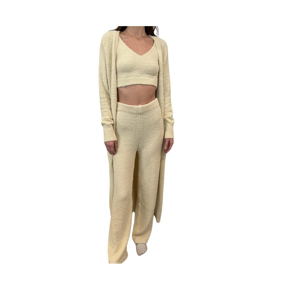 Naked Rebellion Womens Cozy Lounge & Sleepwear 3-Piece Set with Cardigan, Brami and Pants - Almond Product Image