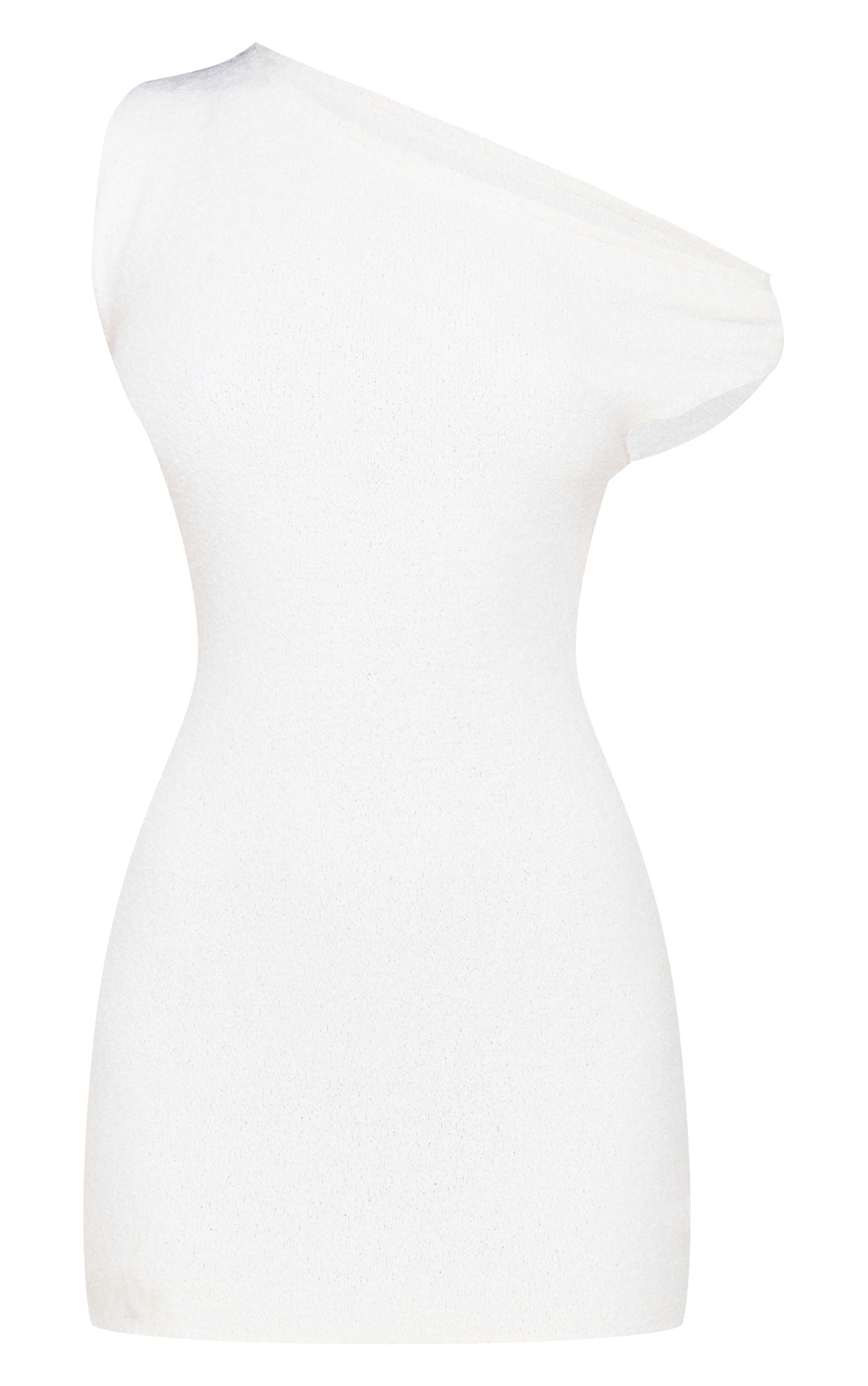 Cream Fluffy Boucle Knit Asymmetric Ruched Shoulder Mini Dress Product Image