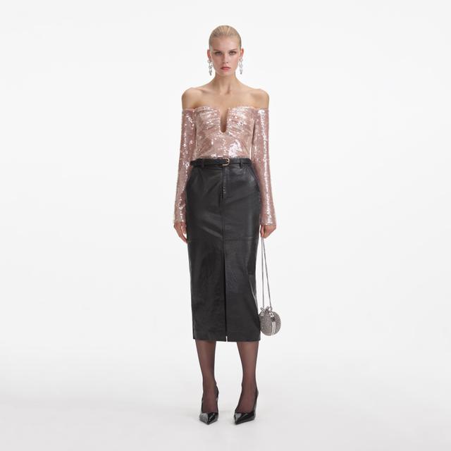 Black Leather Midi Skirt Product Image