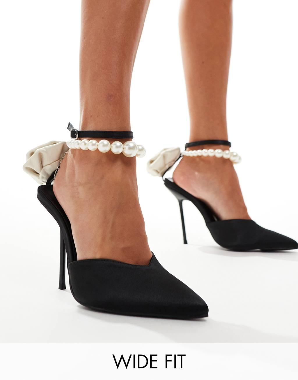 Public Desire Sariah pointed heels in black with pearl ankle strap and corsage detail Product Image