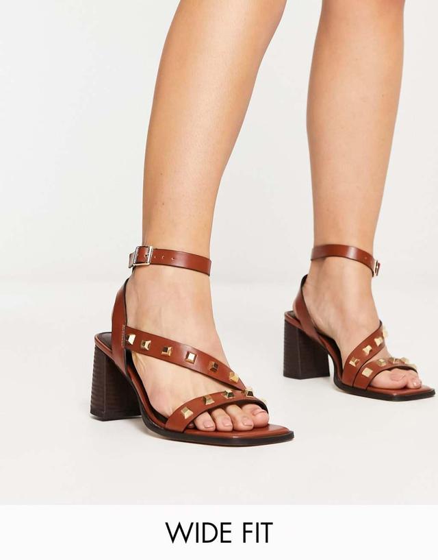 ASOS DESIGN Wide Fit Halter studded mid heeled sandals in tan Product Image