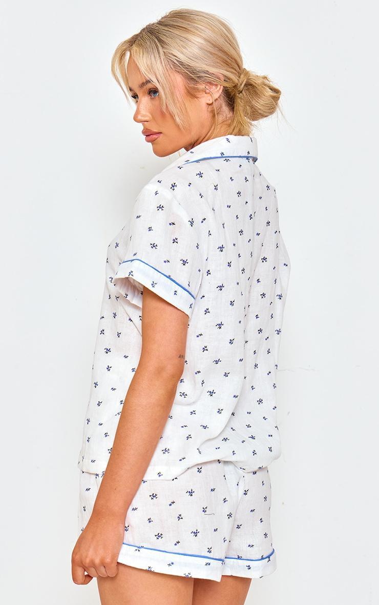 White Ditsy Floral Double Gauze Short Sleeve Shirt And Short Pj Set Product Image