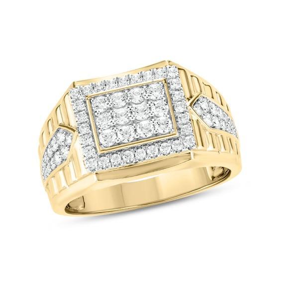 Men's 1 CT. T.w. Composite Diamond Frame Rectangle-Top Pointed Double Row Ribbed Shank Ring in 10K Gold Product Image