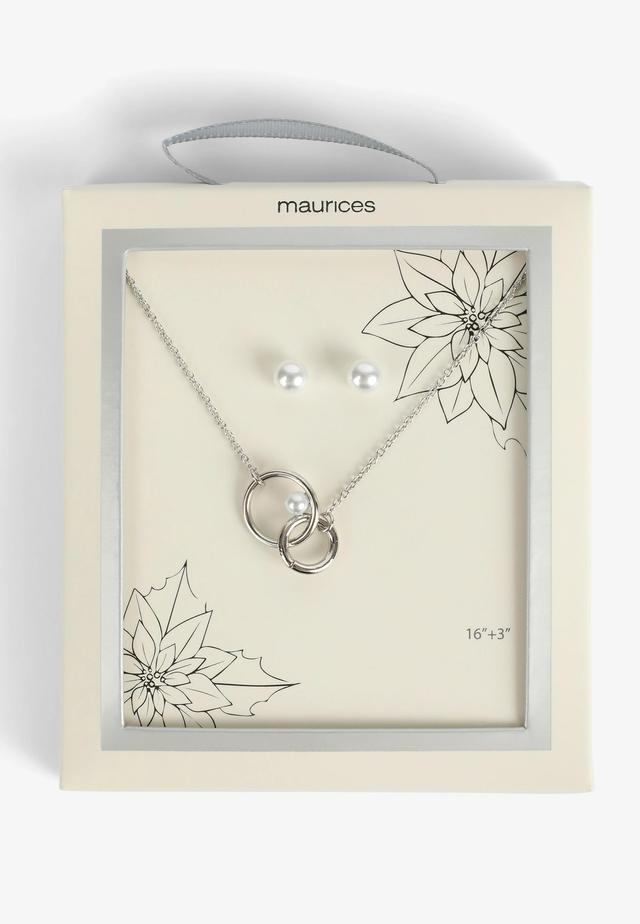 Silver Pearl Necklace And Earring Box Set Product Image