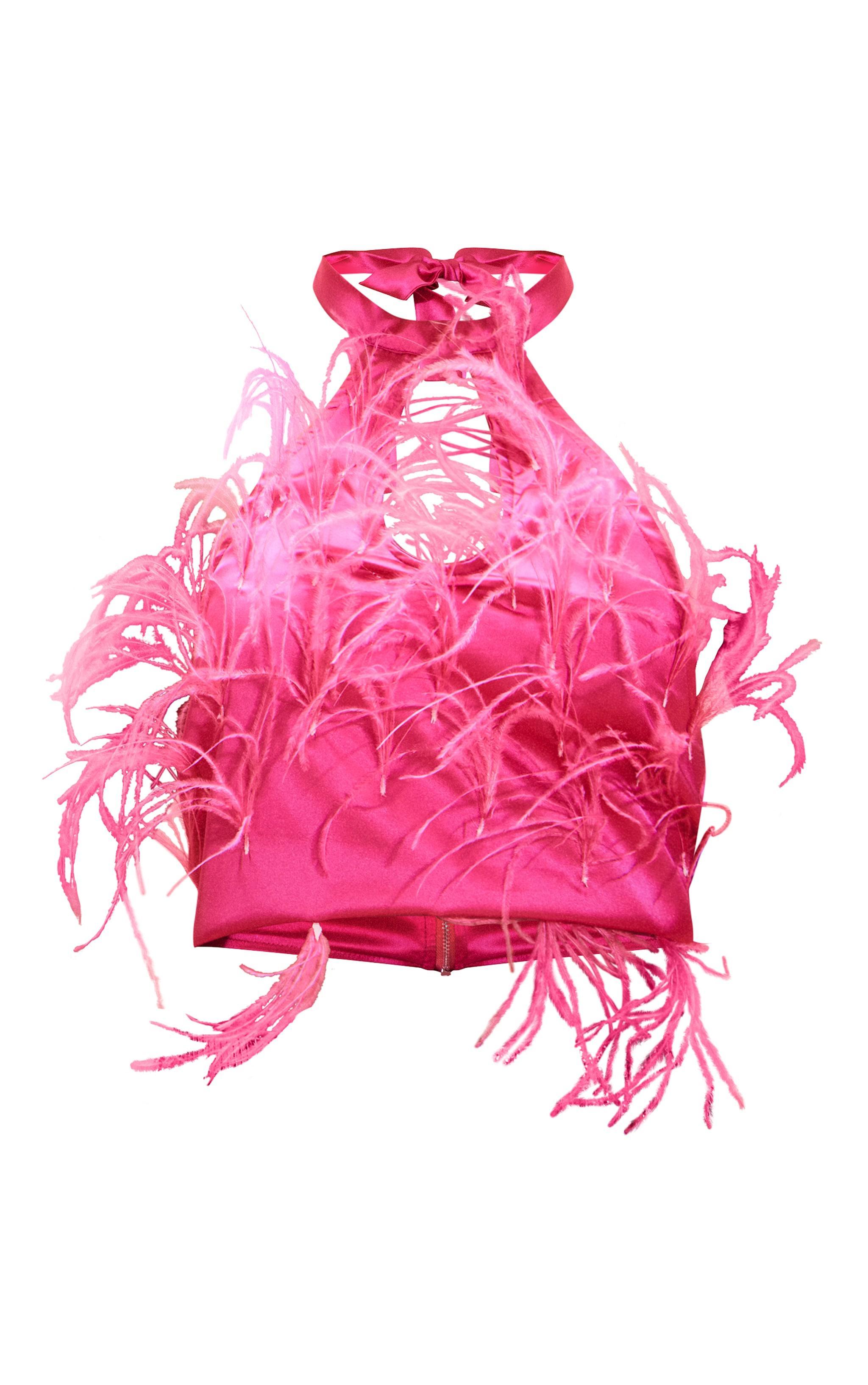 Pink Satin Halter Neck Feather Detail Top Product Image