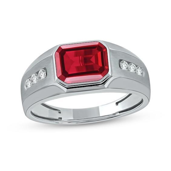 Men's Sideways Octagonal Lab-Created Ruby and White Lab-Created Sapphire Tri-Sides Channel Band in Sterling Silver Product Image